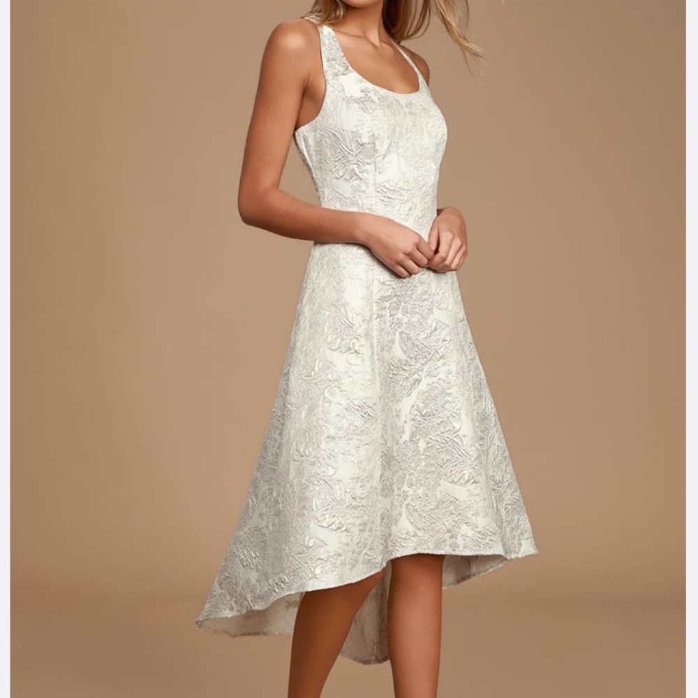 White Jacquard Floral Print High-Low Midi Dress
